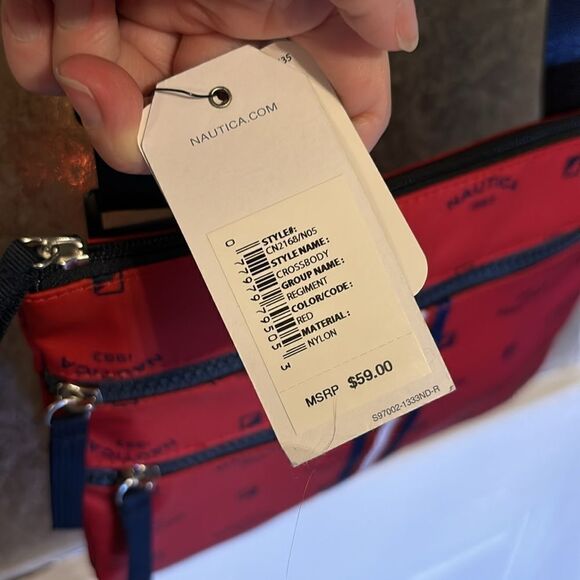 NWT Nautica Red and Blue Crossbody Nylon zipper Travel Bag with long strap - Picture 6 of 10
